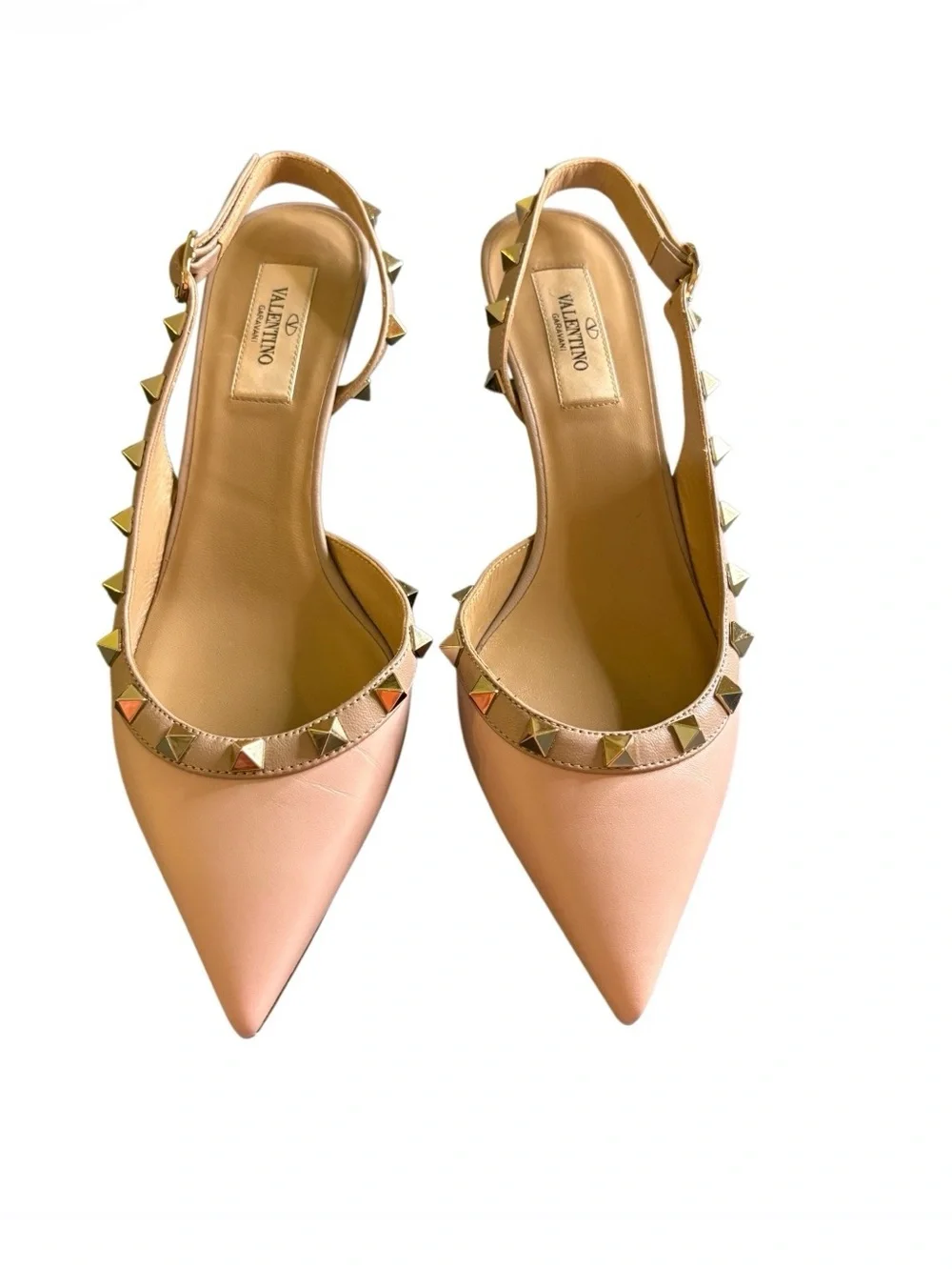 Valentino Pink Leather Rockstud Pointed Flats with Gold Studs